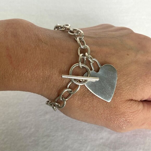 Sterling Silver 925 Cable Chain Blank Engraveable Heart Charm Bracelet 7.25" - Picture 1 of 16